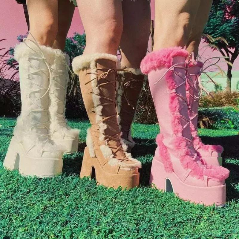 Winter Women Snow Boots Platform Wedge High Heel Faux Fur Lady Shoes Female Plush Warm Non-slip Mid Calf Boots Goth Shoes