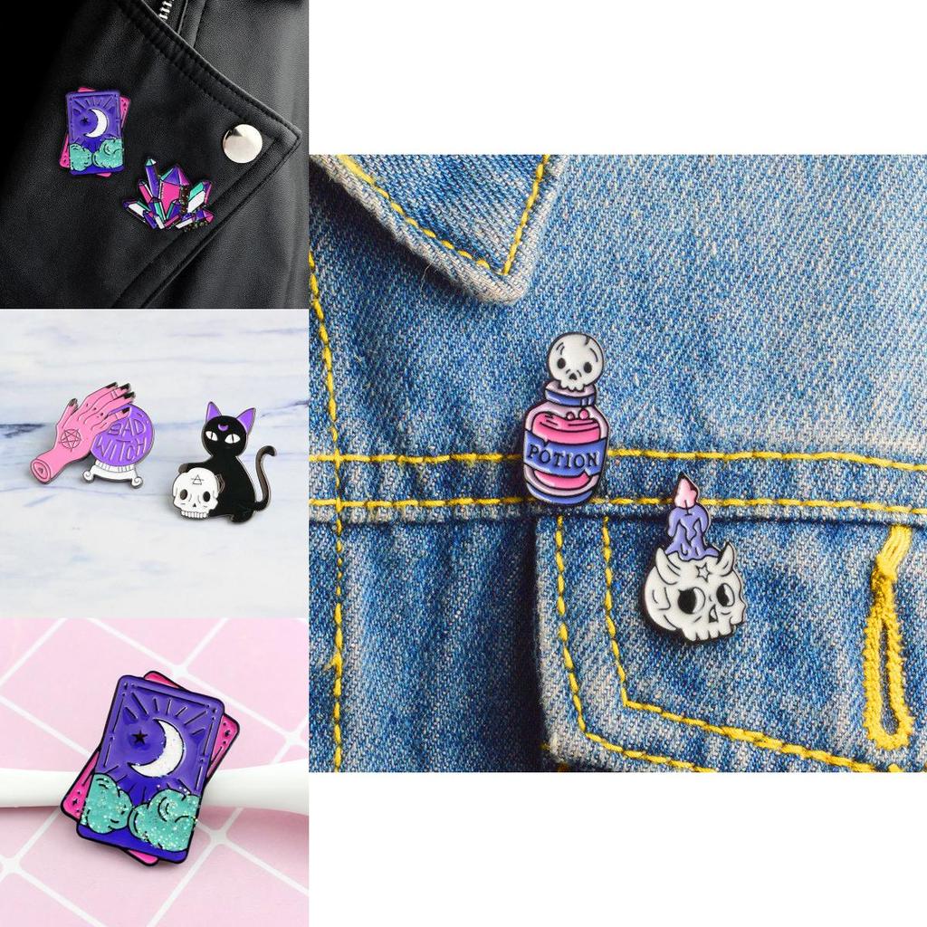 Premium Quality Enamel Brooch Featuring Witch Tools Skull Cat For Halloween