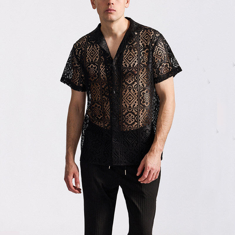 Men's Lace Short Sleeve Shirt Summer Casual Breathable Tops Fashionable Hundred Men's Tops