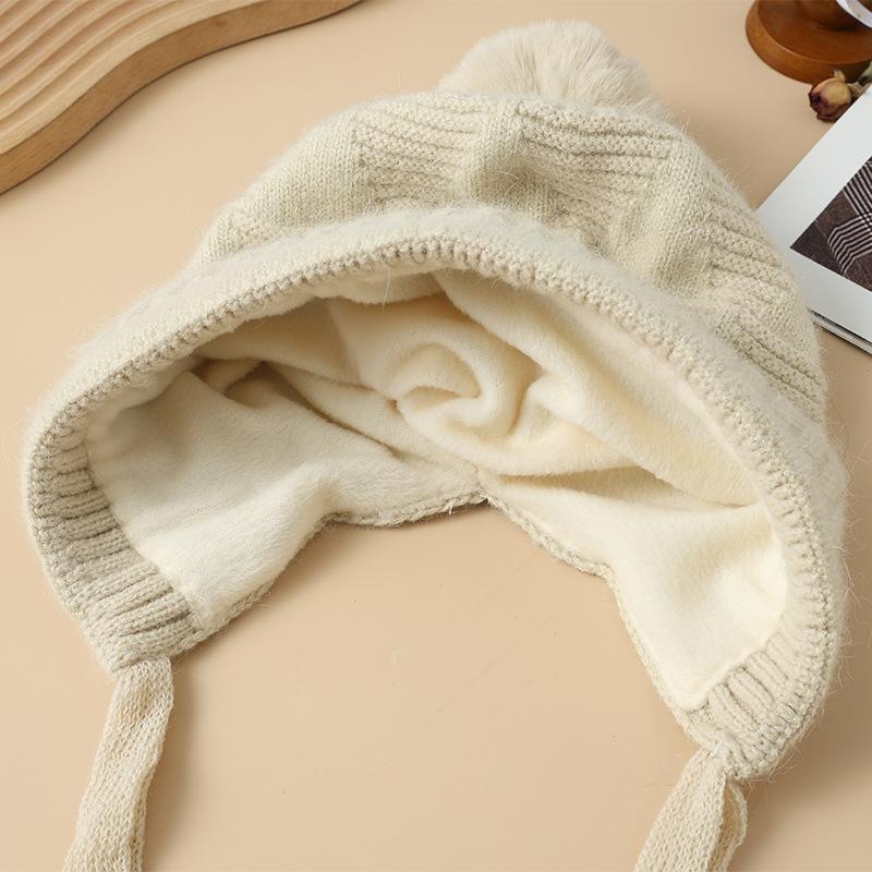 Sweet and Cute Triangle Striped Rabbit Fur Plus Velvet Warm Hat Autumn and Winter Fashion Casual Wool Hat Outdoor Cold Hat Korean