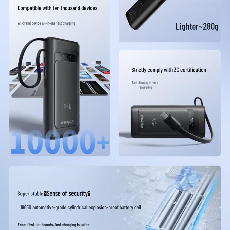 Lenovo ThinkPlus LingXun 100W 10000mAh Portable Laptop Power Bank with Built-in Cable