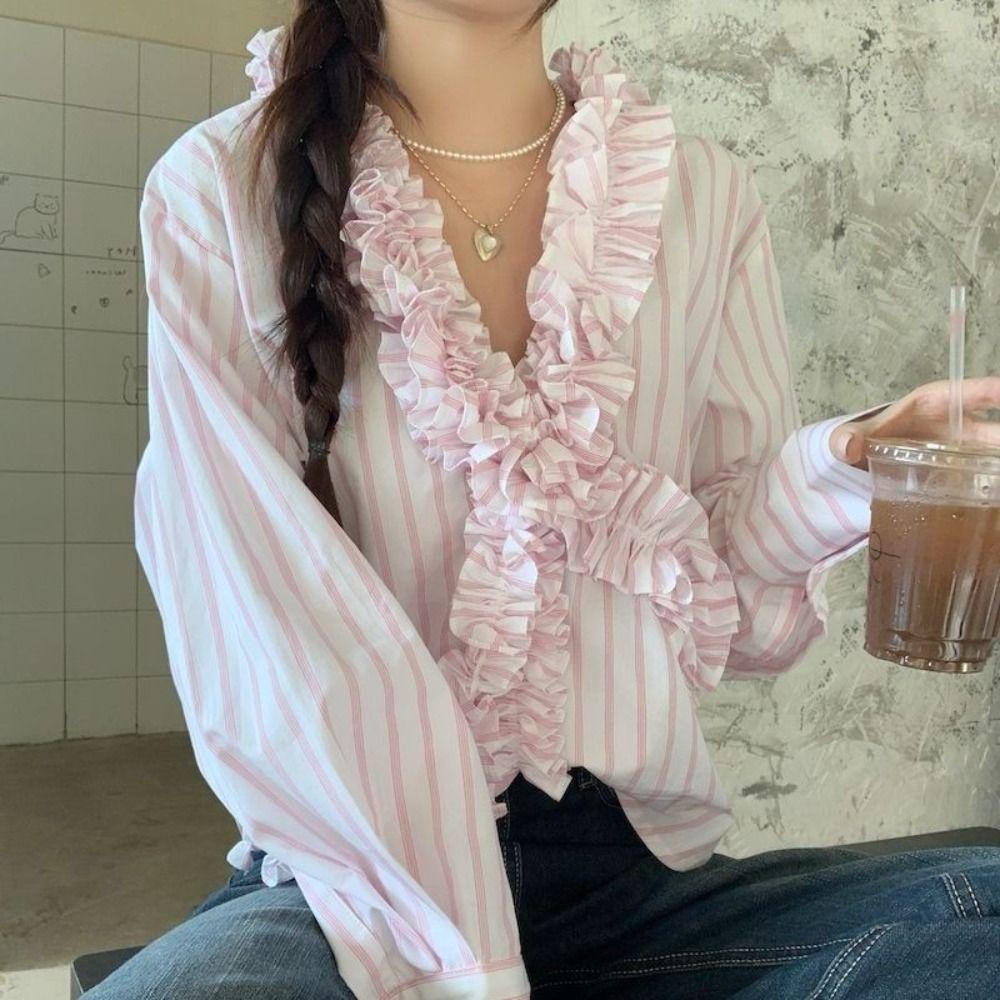 Sweet Deep V Flouce Shirt Tassel Women Shirt Top Comfortable Long Sleeve Shirts  Office