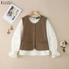 Women Casual Round Neck Long Sleeve Woolen Vest Patchwork Autumn Blouse