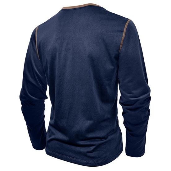 Fall Spring Men Shirt Buttoned Stand Collar Color Matching Pullover Slim Fit Mid Length Casual Daily