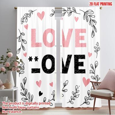 2 piezas Cortinas de Ventana Impresión Plana 2D Corazones de Amor Romántico Poliéster Sin Electricidad Festivo Vacaciones para Vacaciones de Primavera