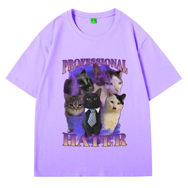 Professional Hater Funny Cat Meme T-shirt Men Vintage Trendy Cat Lover T-shirts Hip Hop Loose Cozy Cotton Tees Male Streetwear