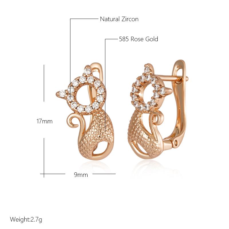 Kinel Luxury Cute Cat Earrings For Girls 585 Rose Gold Color Natural Zircon Accessories Children Baby Xmas Gifts Animal Jewelry
