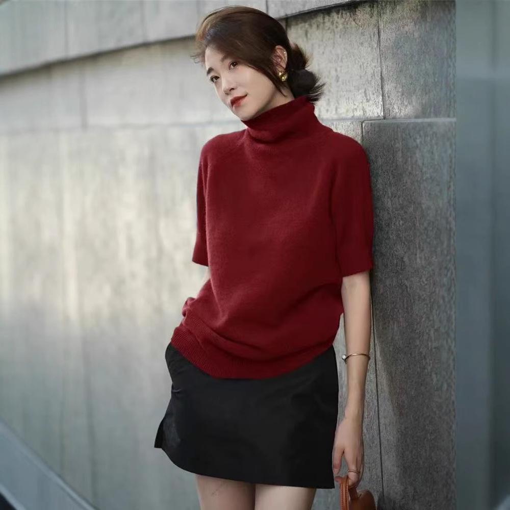 

Элегантный темно-серый вязаный свитер с высоким воротом и короткими рукавами для женщин - Осень Зима Свободный крой Extra Large красный