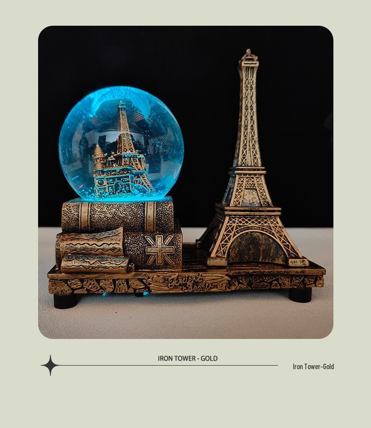 Creative Luminous Eiffel Tower Snow Globe Music Box - Retro Desktop Decoration