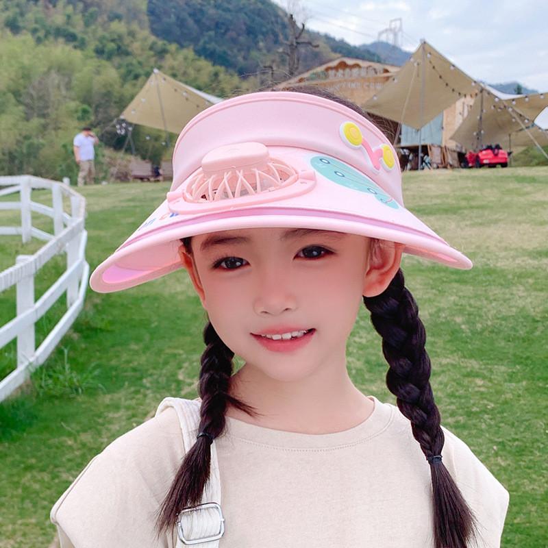 Kids Summer Sun Hat With Fan And Wide Brim For Sun Protection And Cooling Pink Butterfly