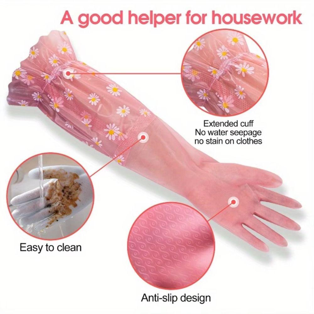 1 Pair Print Cleaning Long Gloves Extra Long Rubber Gloves  for Kitchen Cleaning Tool