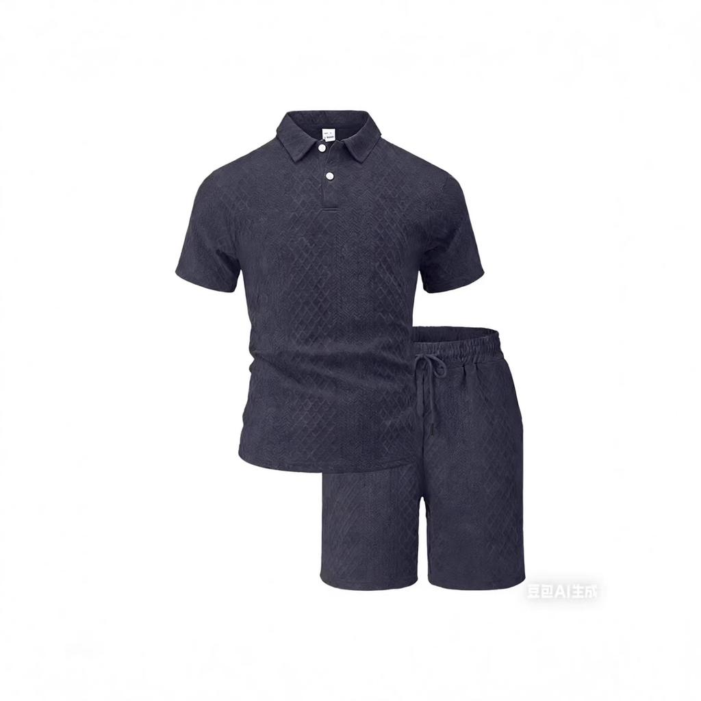 Mens Casual Sports Jacquard Short Sleeve Polo Shirt And Shorts Set