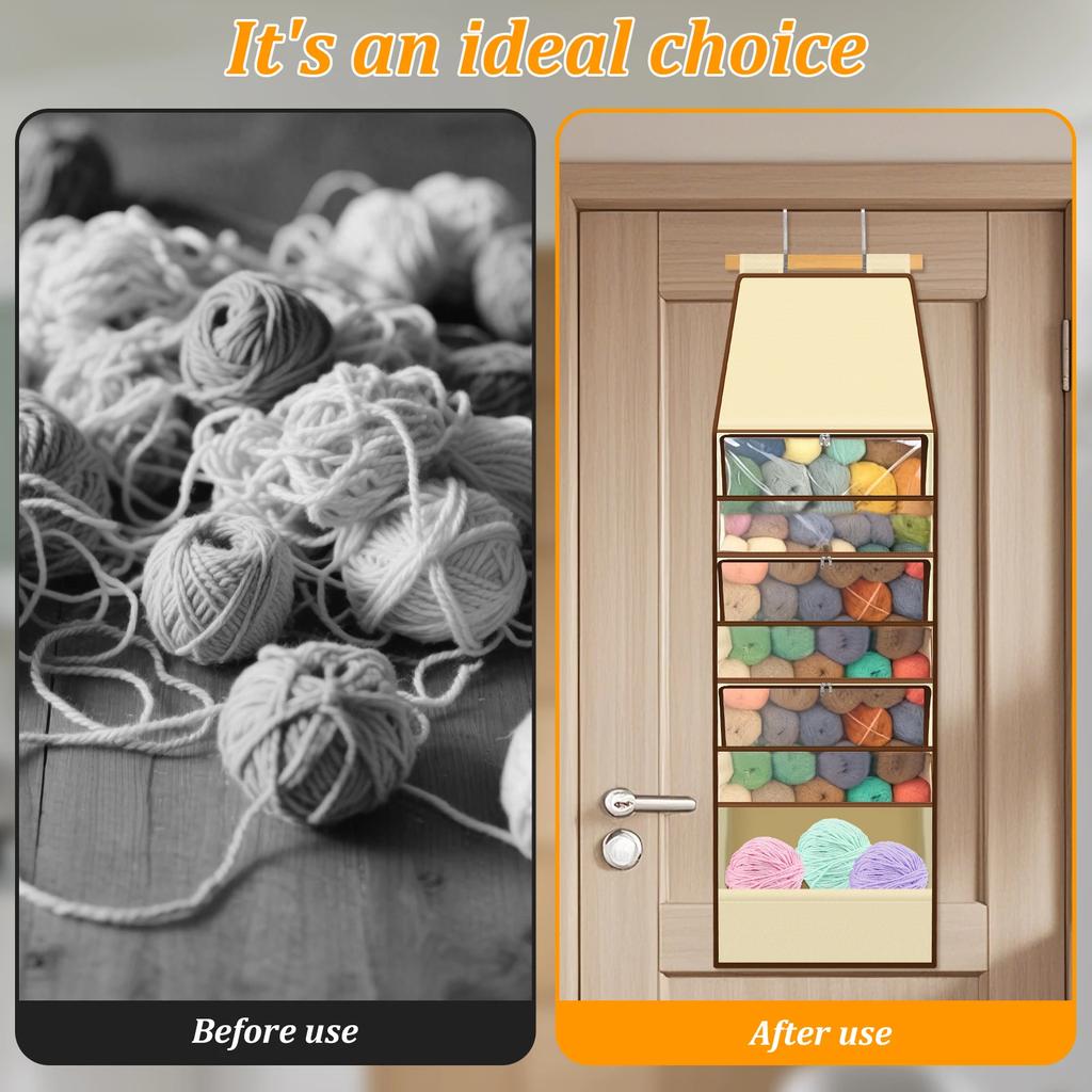 Over Door Yarn Storage Organizer Multi-layer Storage Hanging Bag with 4 Clear Zipper Compartment & 3 Side Knitting Needle Pocket