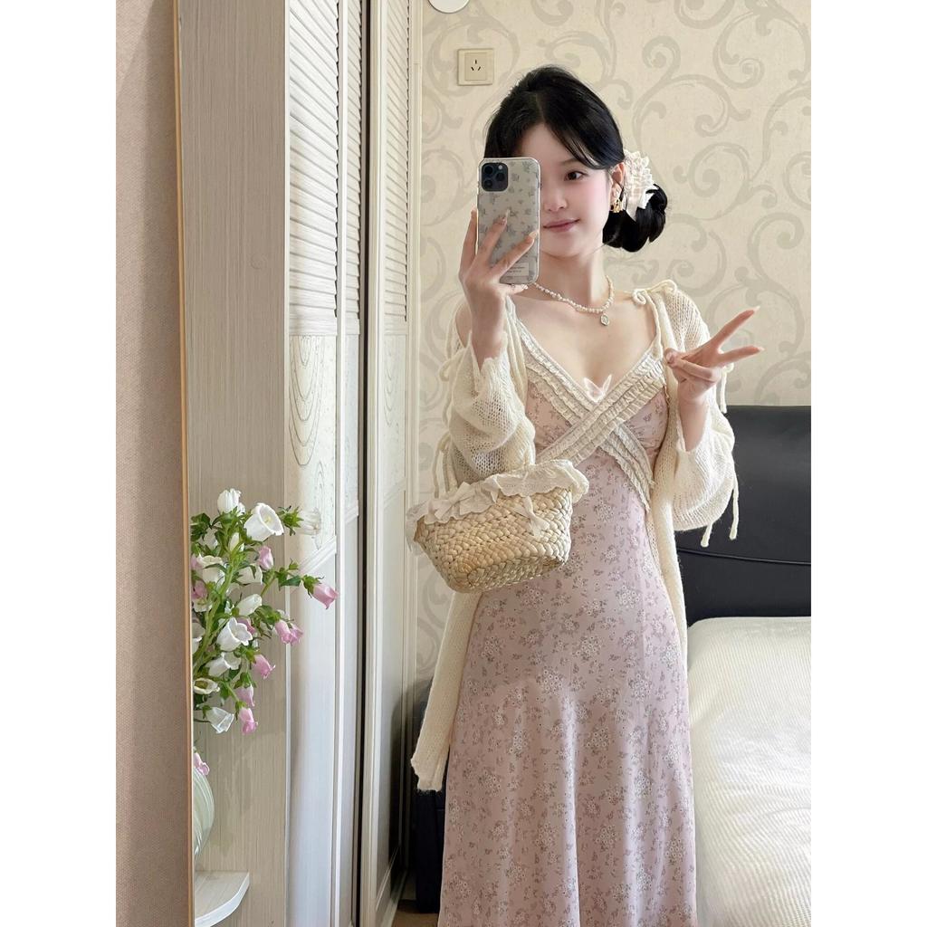 Summer new French pure desire wind collar floral suspender dress women's suspender lace splicing waist long dress