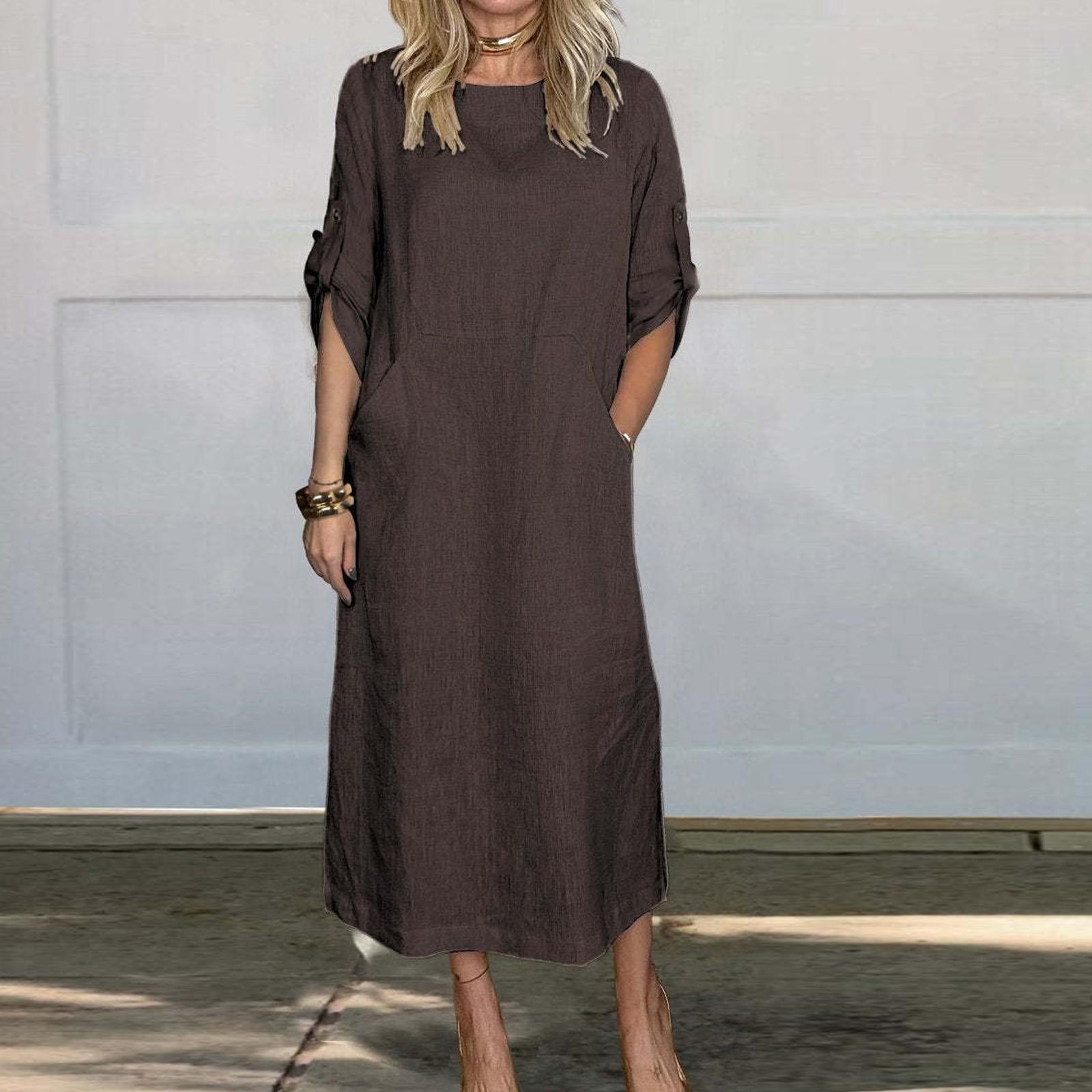 

Женское однотонное повседневное платье из хлопка и льна с круглым вырезом, двойными боковыми карманами и рукавами 3/4, длинное платье L кофейный