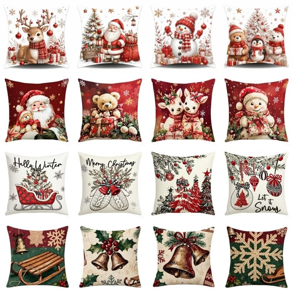 Soft Throw Cushion Case 2D Printed Snowman Pillow Cover Cartoon Cute Santa Pillow Cover Car
