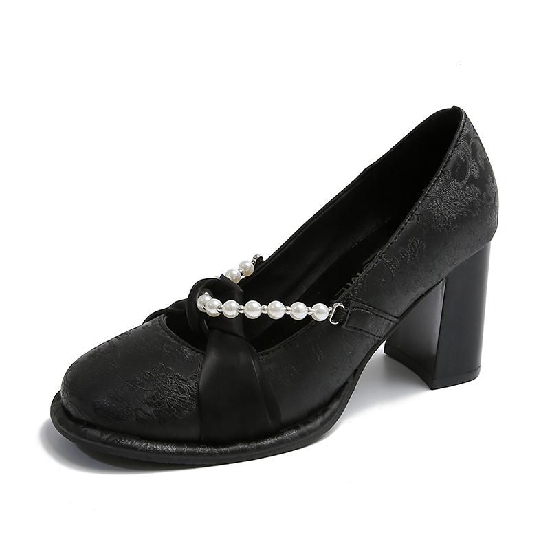 Fashion Bead Bow Lace Women High Heels Mary Janes Shoes Designer Fashion Shallow Sandals 2025 New Autumn Pumps Party Zapatillas De Mujer