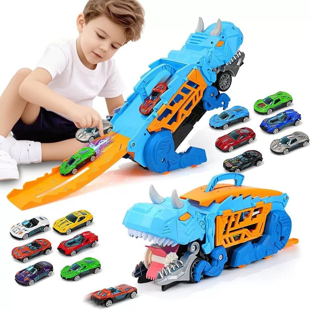 Children's Dinosaur Transport Truck, Containing 6 Alloy Cars, Blue/Green Dinosaur Race Track Storage Vehicle, Boy's Gift