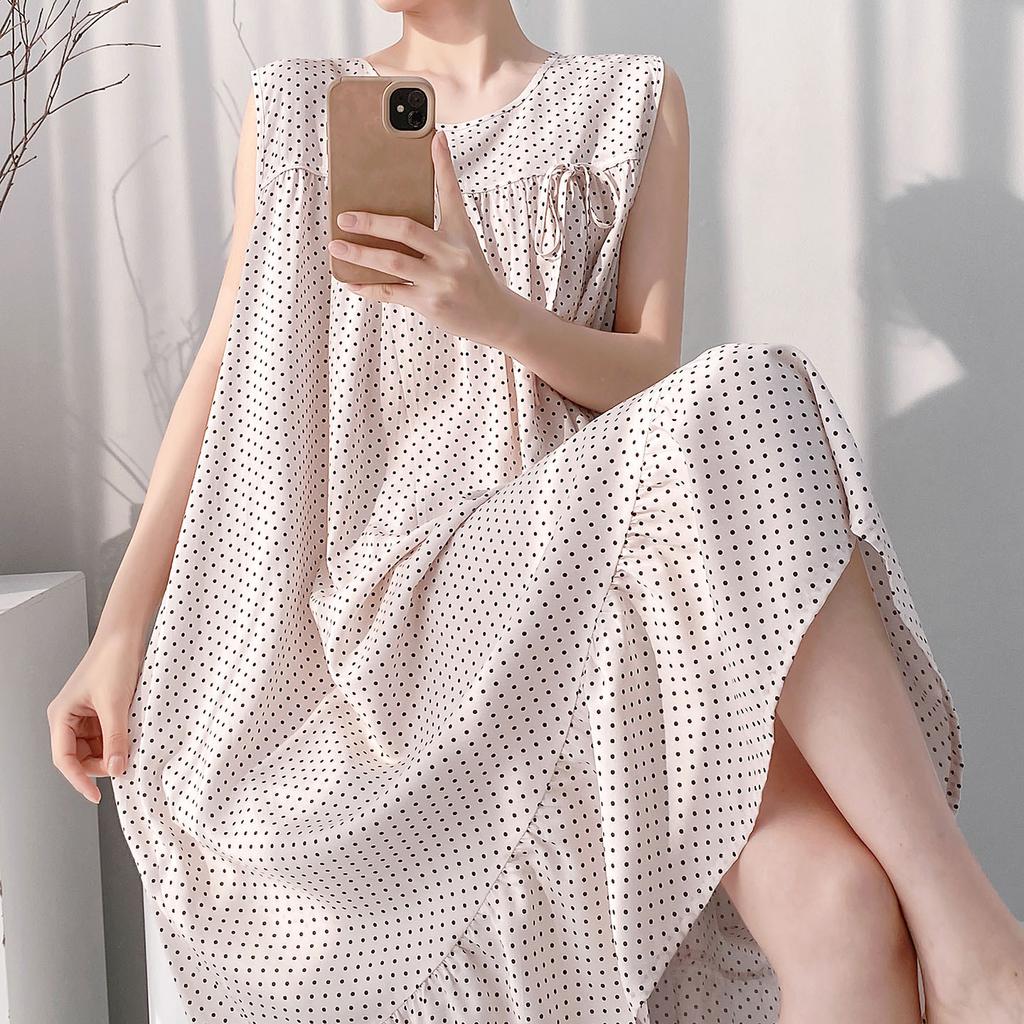Korean version of small fresh cotton and silk nightgown women's summer lotus leaf edge can be worn outside cotton and silk loungewear sweet vest skirt