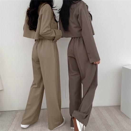 2 buc/set femei set rever jachetă cu un singur piept cardigan lat cu mânecă lungă haină pantaloni picior talie înaltă