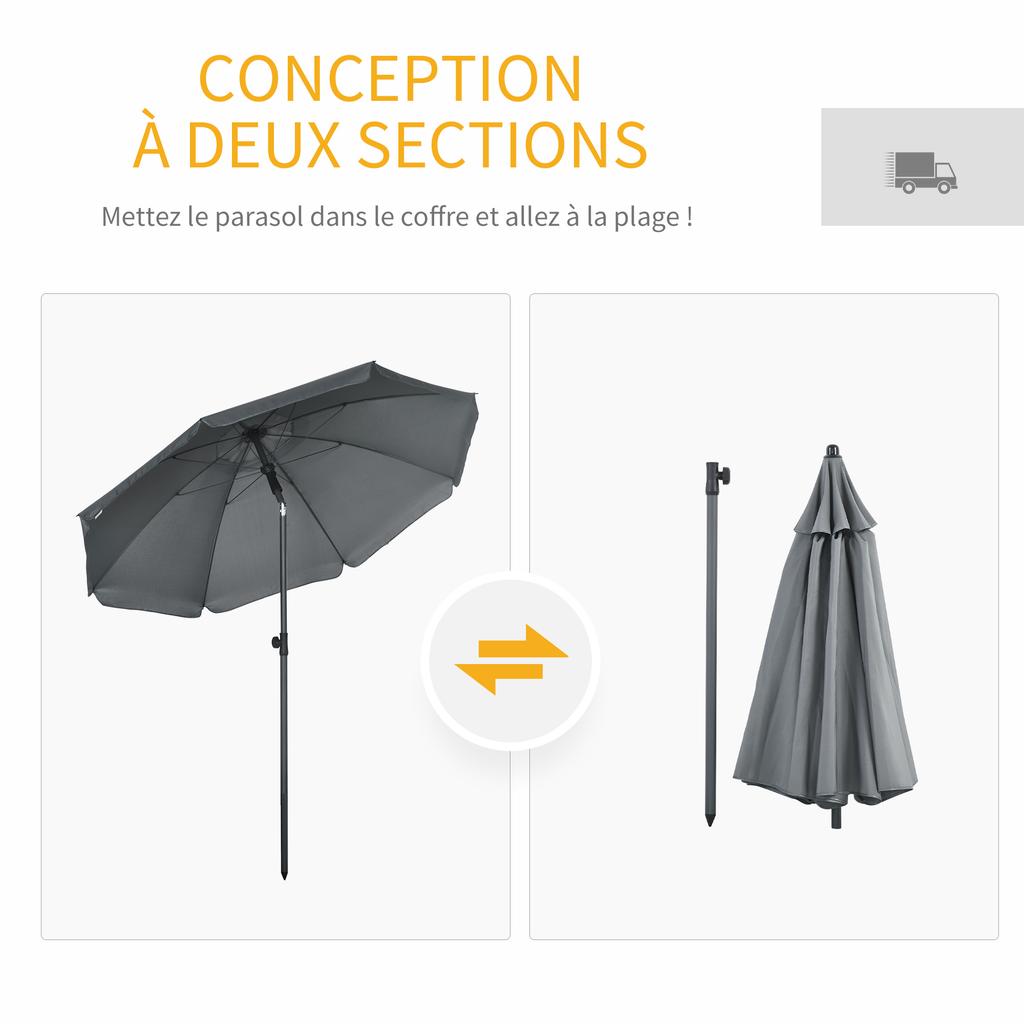 Tilted Beach Umbrella UV 50+ Protection With 8 Fiberglass Ribs Diameter 180 Cm Dark Gray