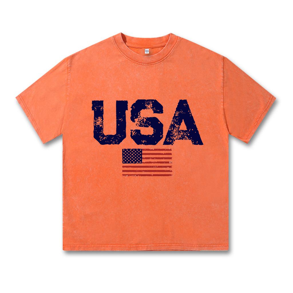 Usa Letters American Flag Stars And Stripes Mens Clothing Loose T-shirt Autumn Pullover T-shirt Retro Washed Vintage T-shirt