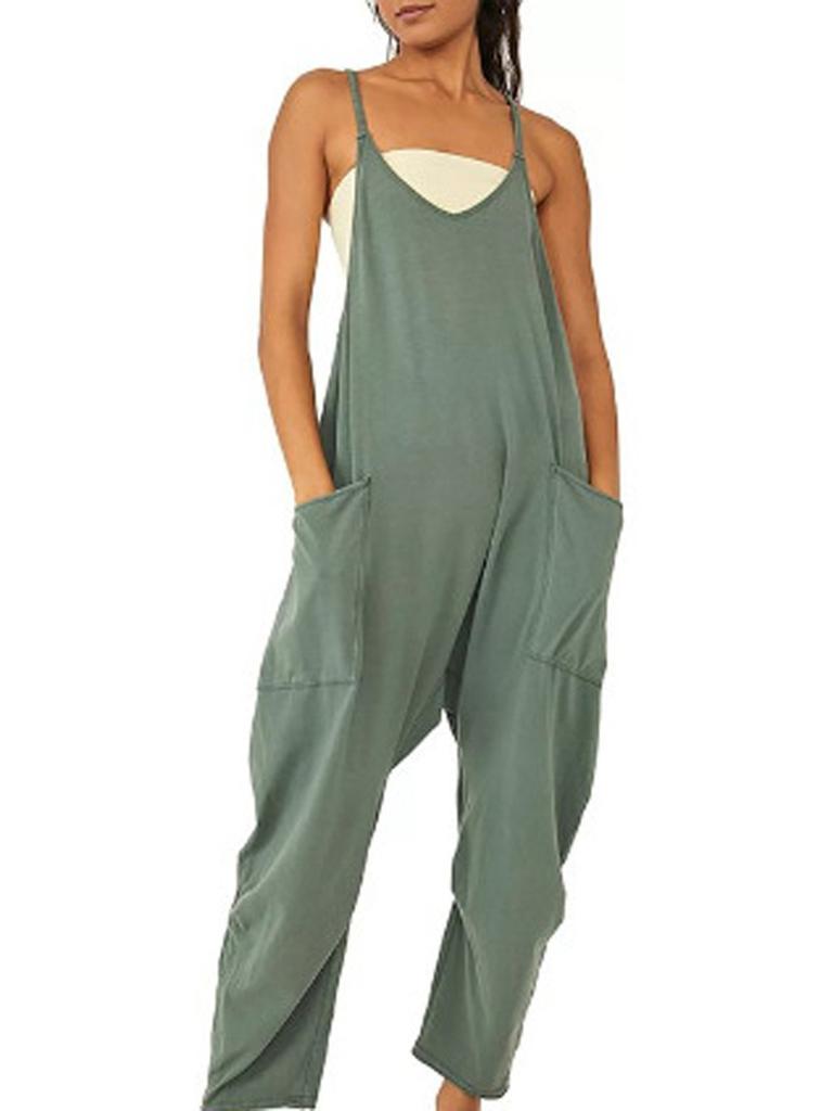 Damen Verstellbarer Träger Jumpsuit Lässig Locker Ärmellos Harem Romper mit Taschen