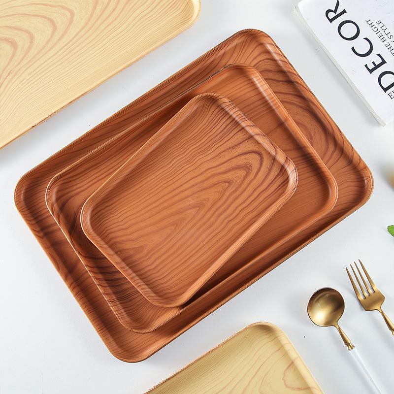 PP Plastic Tray Coffee Food Cup Trays Decorative Wood Grain Rectangular for Storage Dish Dessert Candy Tea Kitchen Supplies