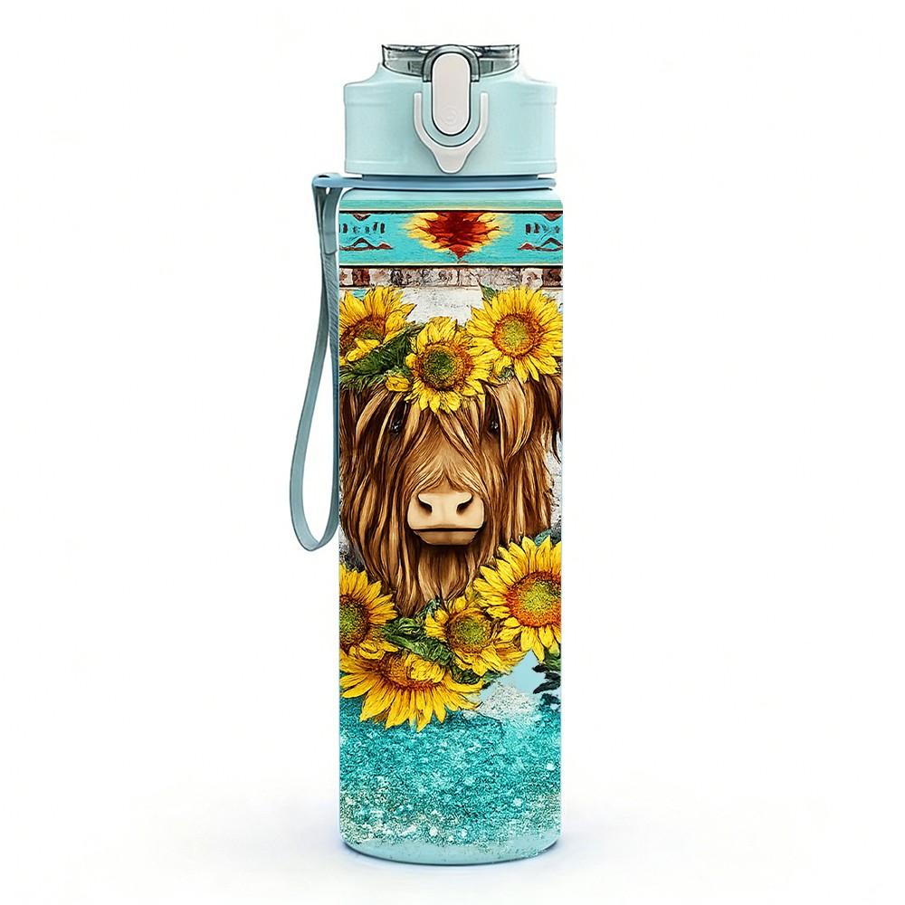 1PC Sunflower Highland Cow Farm Print 750ml Color Plastic Sports Water Bottle Leakproof Flip Straw Lid Suitable for Sports Office Home Use