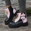 Sweet Pink Bowknot Mix Color Ankle Boots Women  Autumn Thick Bottom Lace Up Boots Candy Punk Metal Decoration Booties Size42