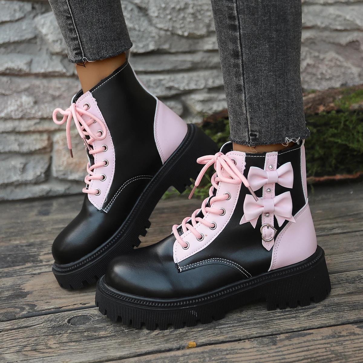 

Sweet Pink Bowknot Mix Color Ankle Boots Women Autumn Thick Bottom Lace Up Boots Candy Punk Metal Decoration Booties Size42 42