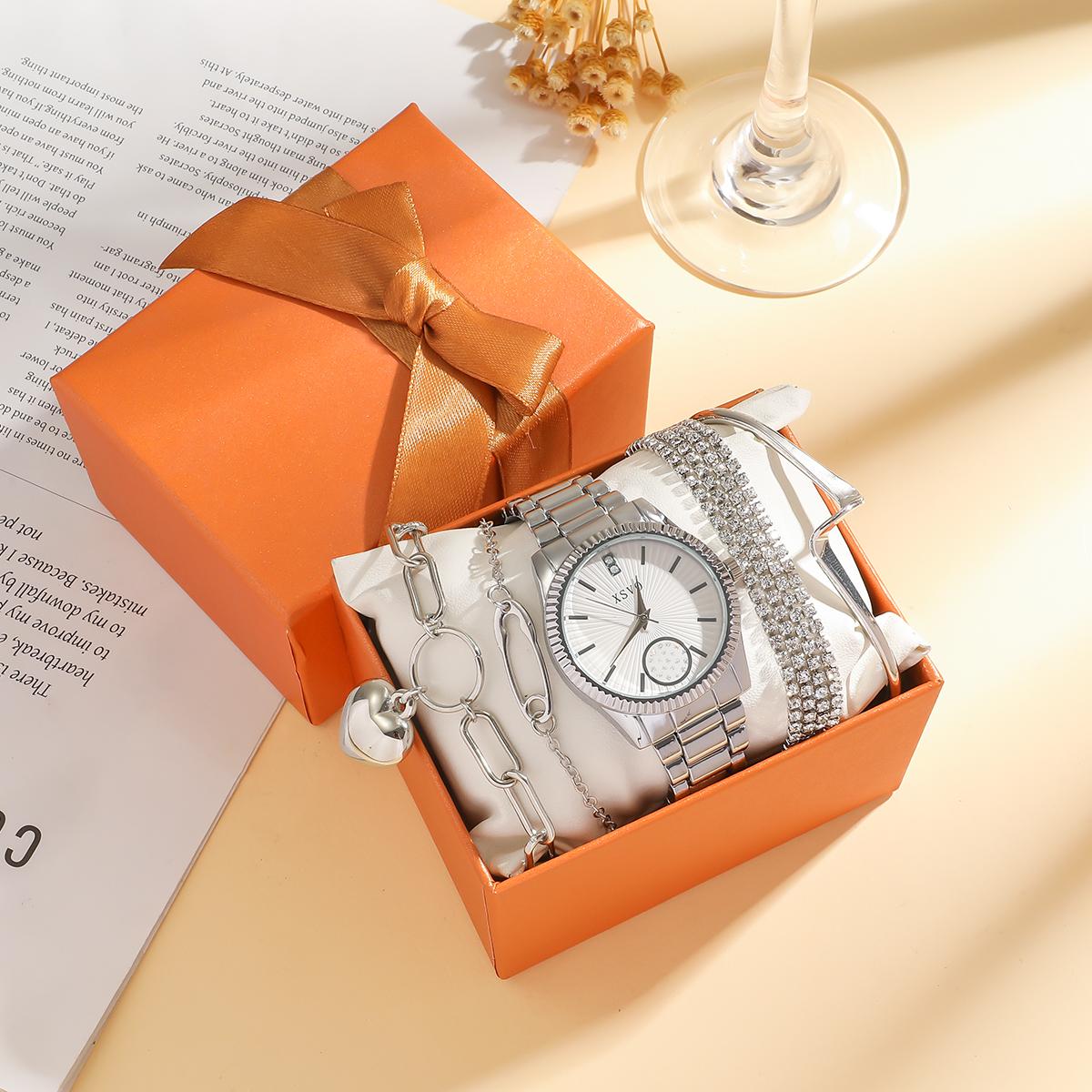 No gift box, fashion hit business women s business leisure quartz watch with diamond scale strip, diamond bracelet five-piece se серебряный