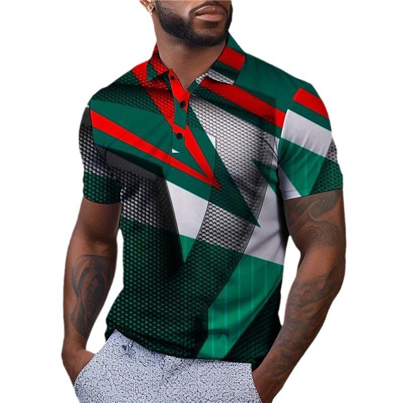 men polo shirt short sleeve stripe 3d print tops fashion polyester breathable comfortable polos shirts