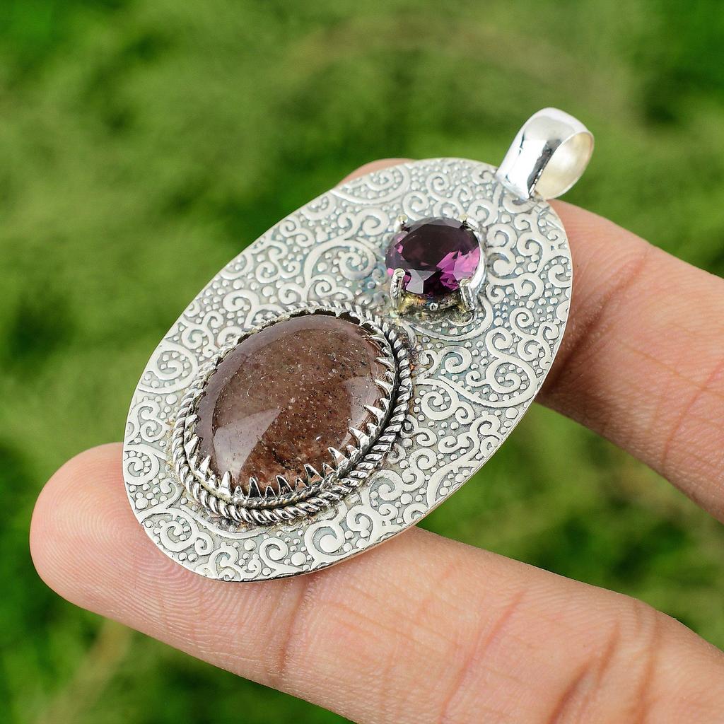 Sunstone Stone African Amethyst Sterling Silver Bezel Engagement Pendant Jewelry