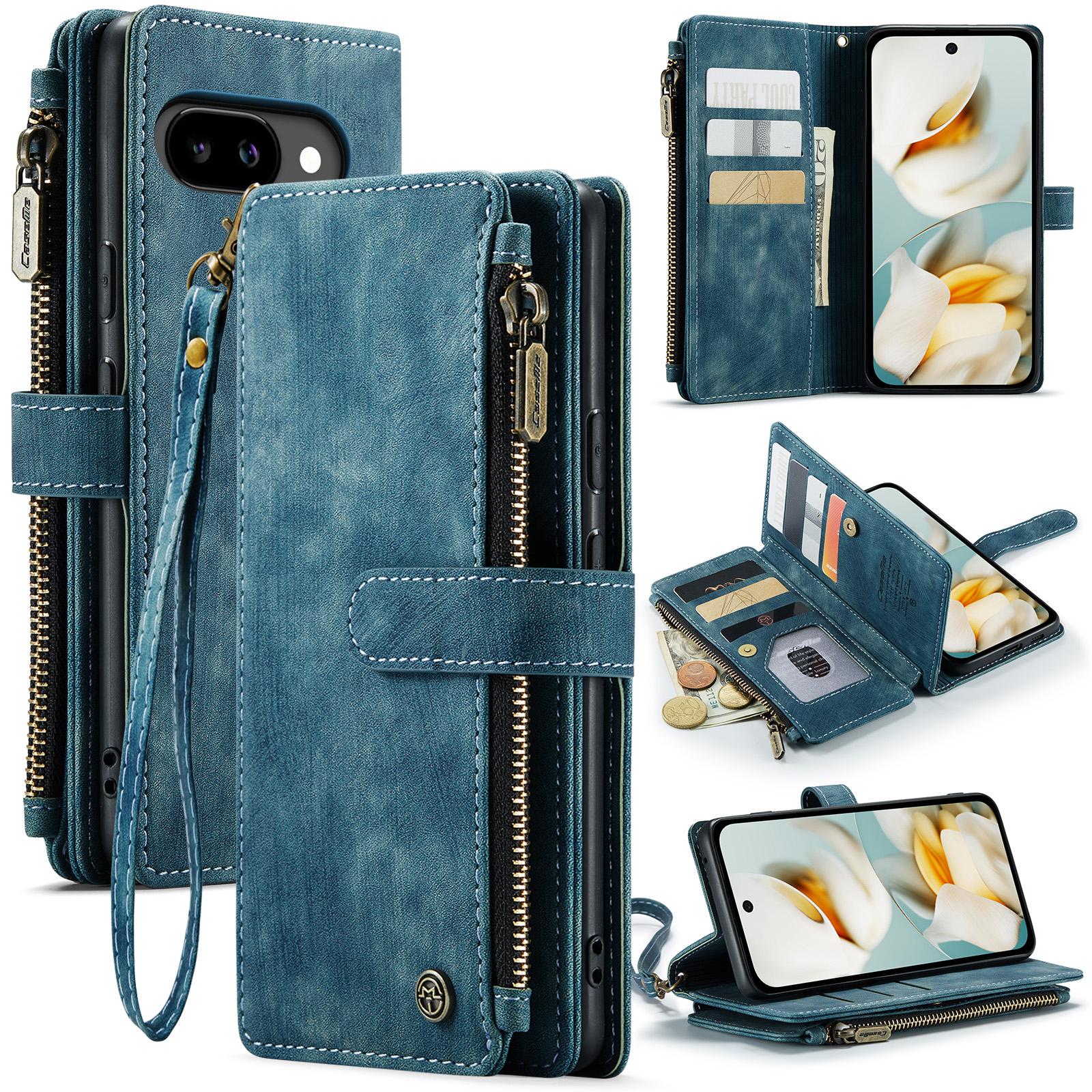 

For Google Pixel 9a Phone Cases with Strap CASEME C30 Zipper Multiple Card Holder PU Leather Cover Blue