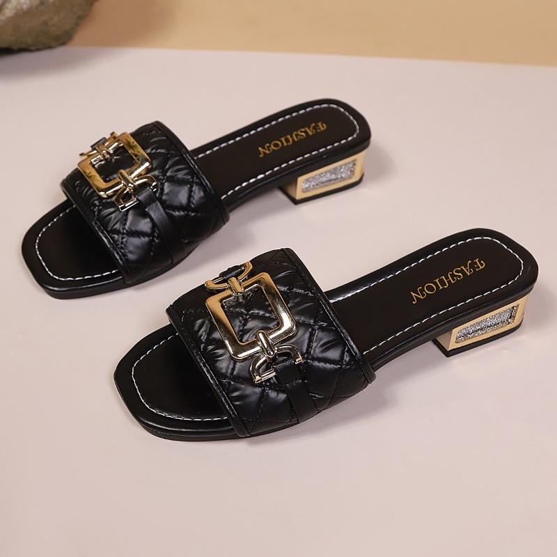 

New Metal-buckle Low-heeled Slip-on Shoes for Women - Thick Heel, Square Toe Design 42 чорний