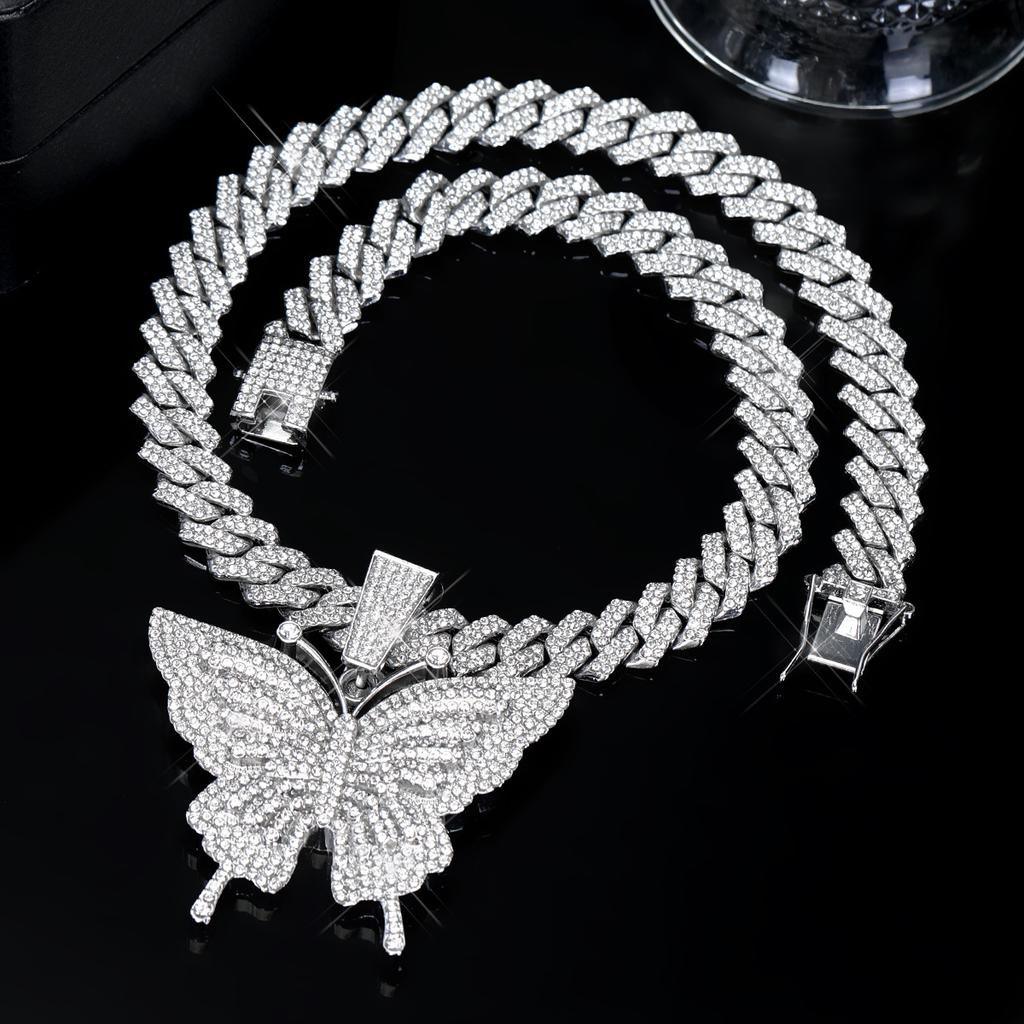 Voll Diamant Schmetterling Anhänger Kubanische Kette, Hip Hop Stil Europäische und Amerikanische Mode Unisex Schmuck Accessoires