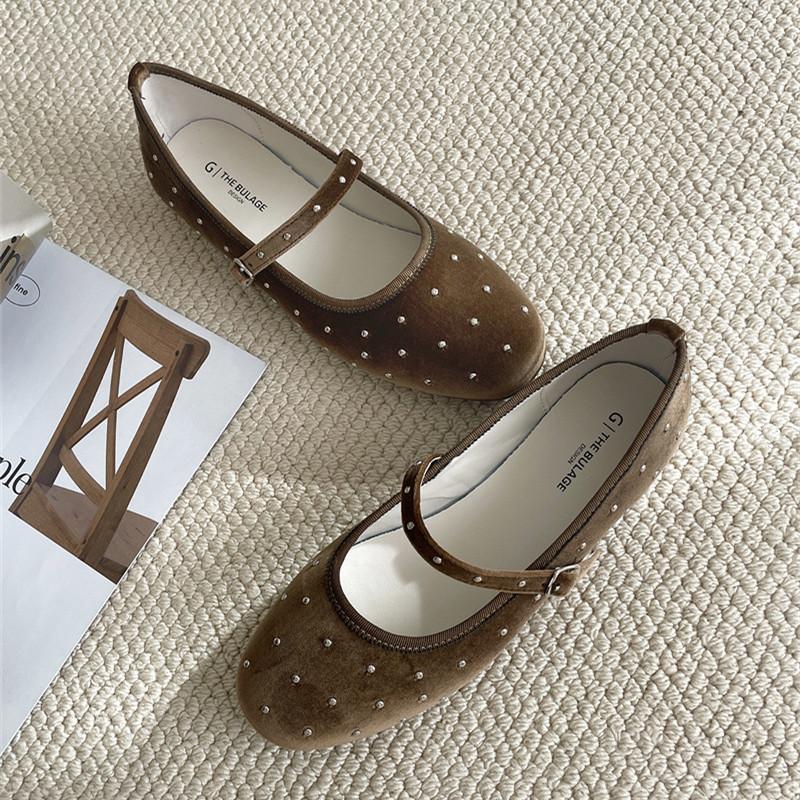 IPPEUM Women Ballet Flats Suede Round Toe Ballerinas Shoes Mujer Buckle Straps Mary Janes Shoes