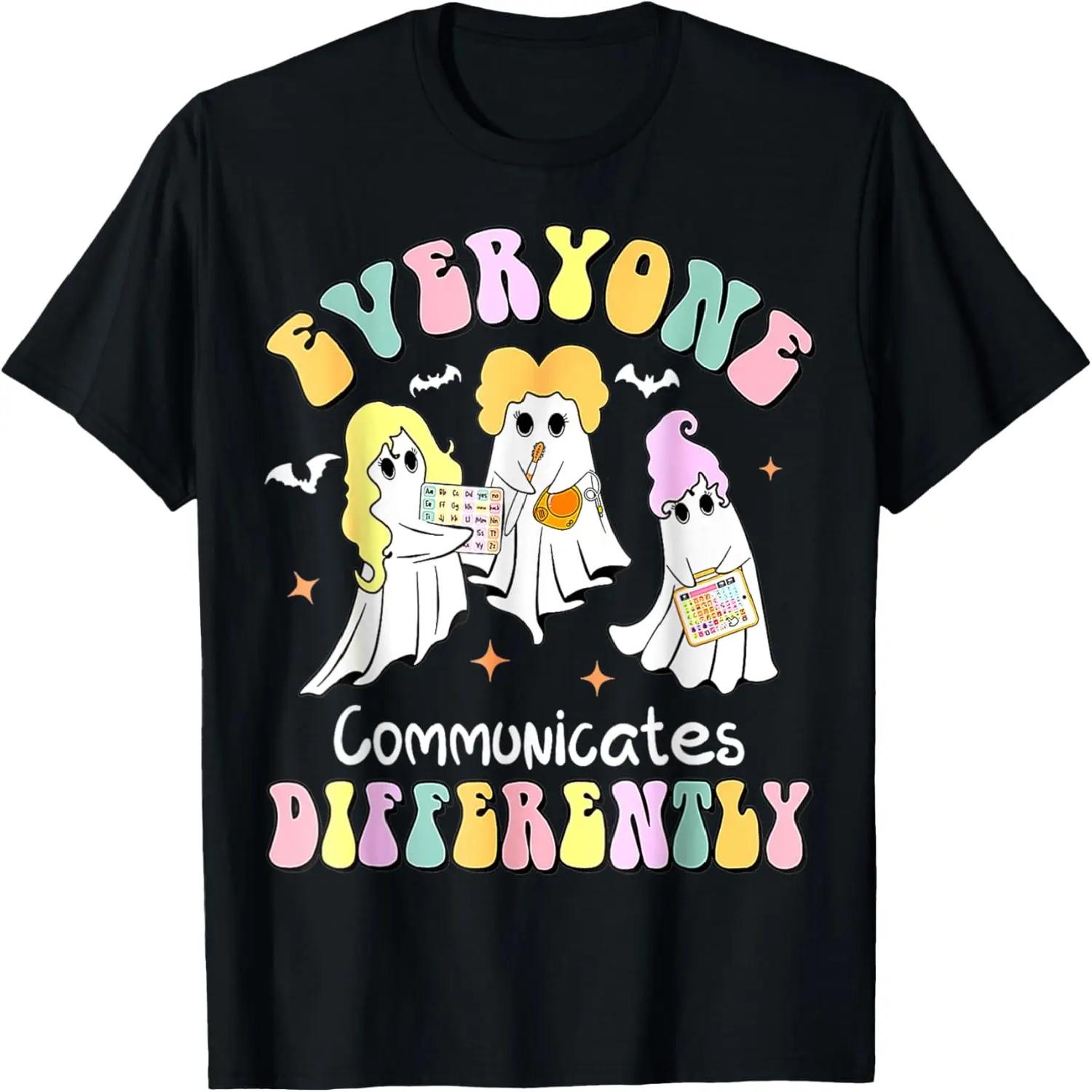 Everyone Communicate Differently Cute Ghost Halloween Autism T-Shirt S