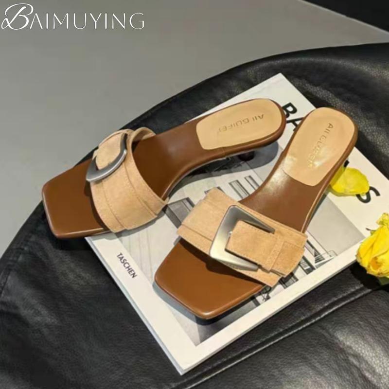 Fashion Leopard Buckle Slippers Loafers Shoes Woman Square Toe Women Heeled Sandals 2025 Trend Shallow Summer Flip Flops Casual Slides