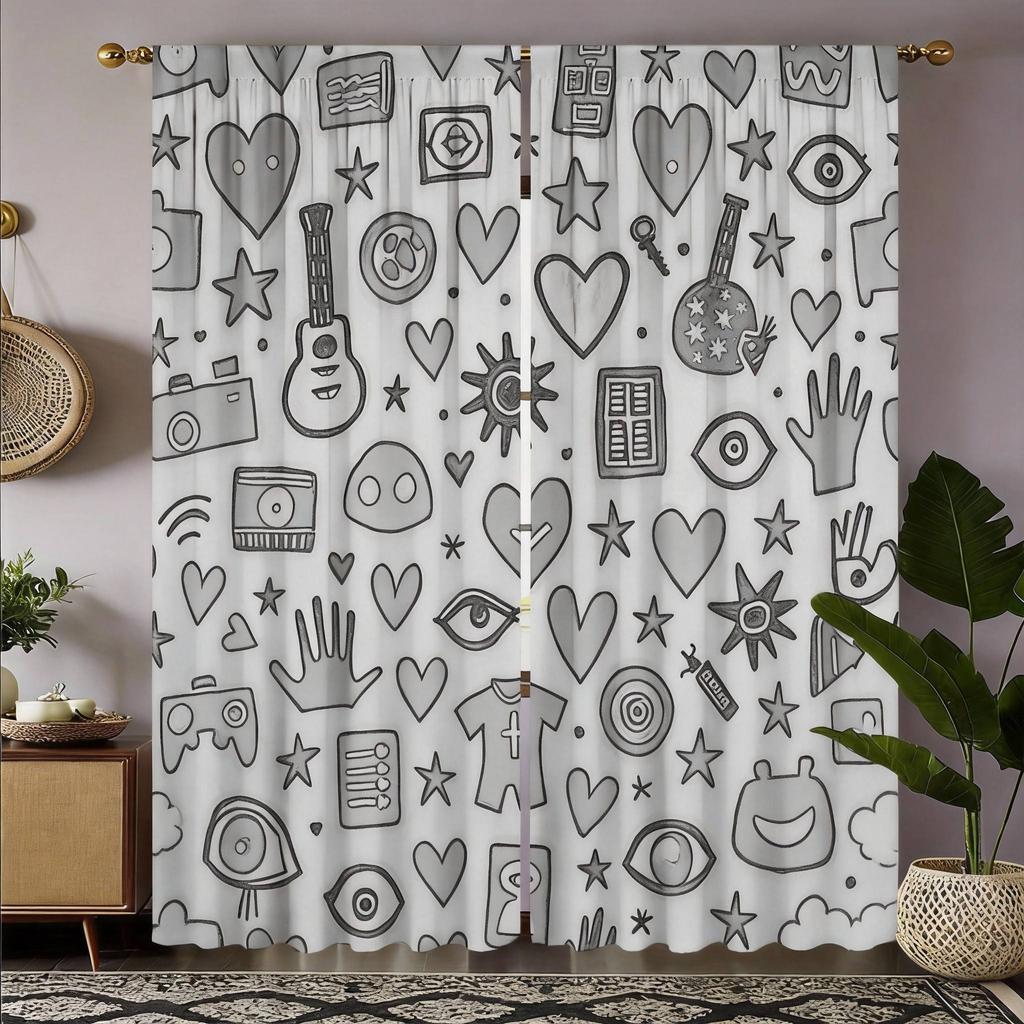Graffiti Art Curta 2Pcs – Black And White Pop Culture Icons, Guitar Heart Eye Camera, Urban Street Style For Living Room And
