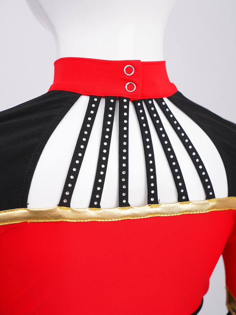 Bambina Ragazza Costume da Cheerleader 2 Pezzi Costume da Esibizione Manica Lunga Patchwork in Rete Trasparente Strass Color Block Crop Top con Gonna Pieghettata