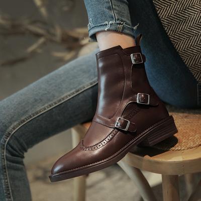 2024 Autumn New Woman Buckle Chelsea Boots Handmade Genuine Leather Round Toe Shoes Quality Buckle Square Low Heel Lady Boots