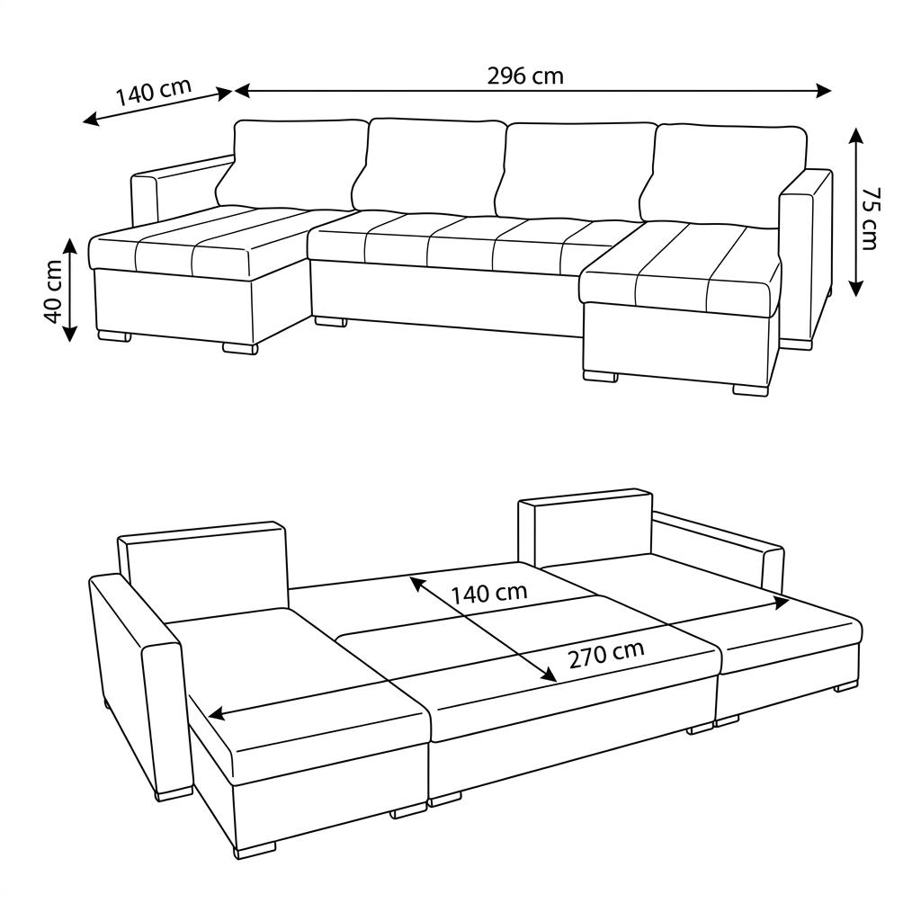 Großes U-Ecksofa Varius BIG mit Schlaffunktion, Kunstleder, 3 Bettkästen, moderne Chromfüße, Family Meble