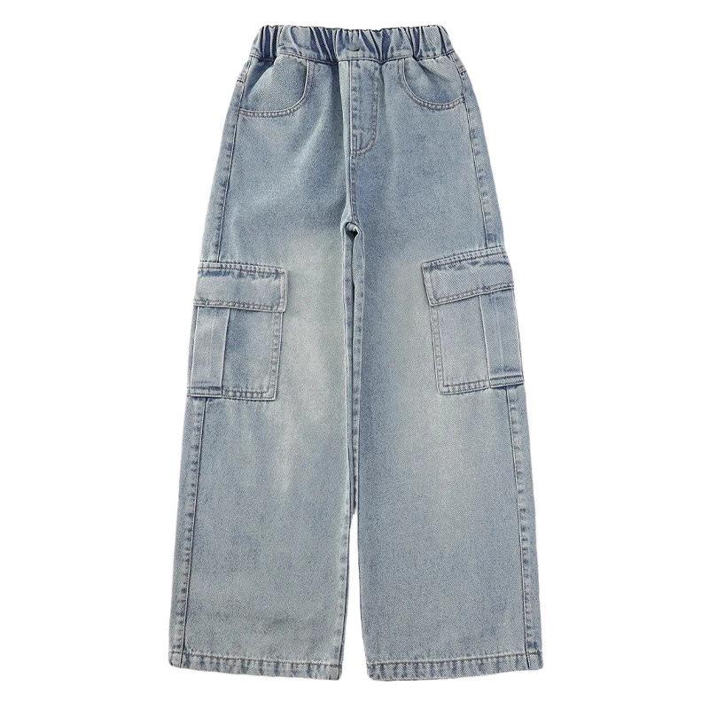 Girls Cargo Demin Pants Kids Casual Wide-legged Jeans Teenagers Fashion Streetwear Baggy Trousers Children Clothes 5-14 Years