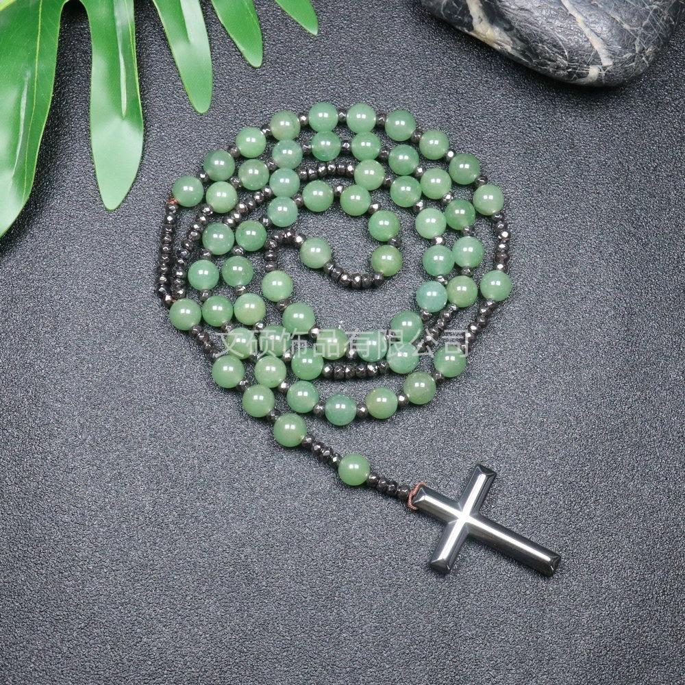 Collier pendentif croix en pierre naturelle, Croix en pierre d'œil de tigre et fer à bille chapelet collier pour homme