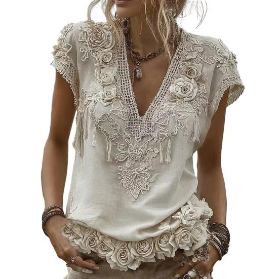 Women Tops 3D Printed Imitation Jacquard V-Neck Short Sleeve Loose Fit Soft Breathable Summer Shirt Daily Wear