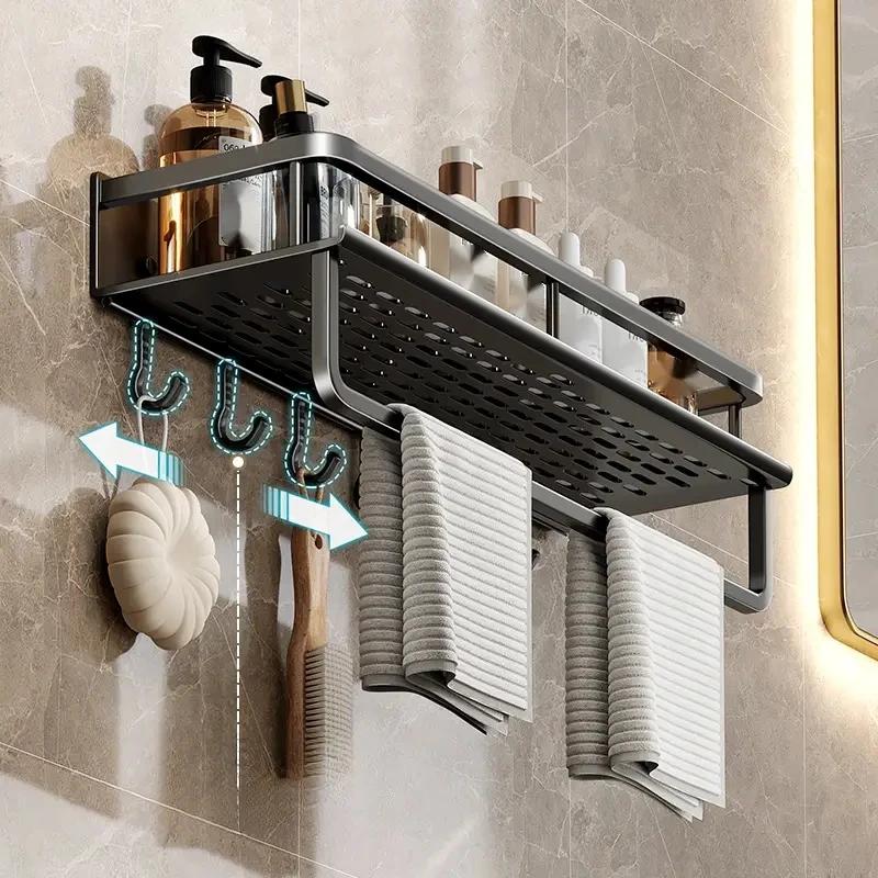 1 Piece Bathroom Shelf Sink Shampoo Bottle Cosmetics Storage Rack Towel Cloth Hook Space Saving Aluminum Rack Wall-Mounted Home