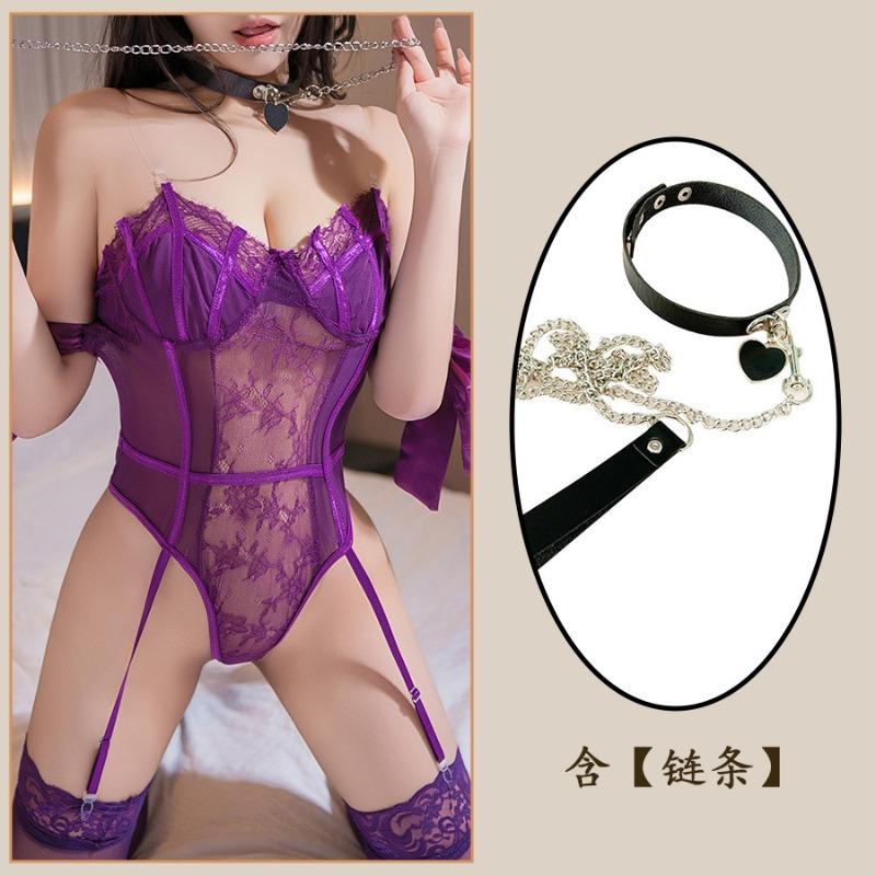 Lace sex perspective suit, sexy bow straps, pure desire, one-word feminine purple onesie women