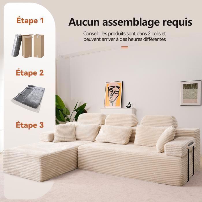 Reversible corner sofa with chaise longue, high back modular sofa, deep seat sofa bed without assembly beige